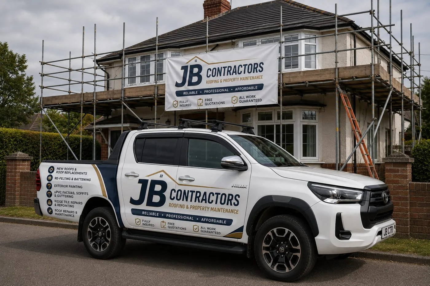 Perranporth Roofing pickup truck on site at a scaffolded roofing job in Perranporth